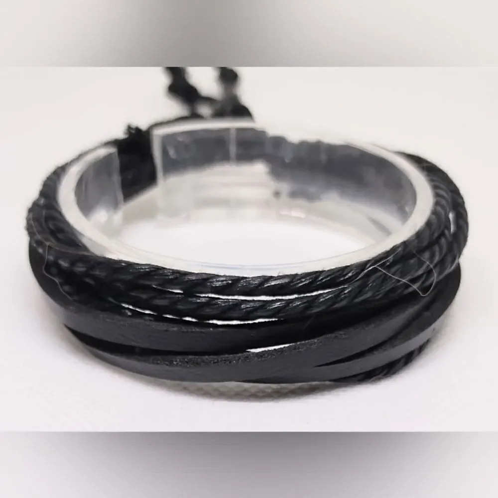 Men's leather bracelet‎ braided layered black new e45